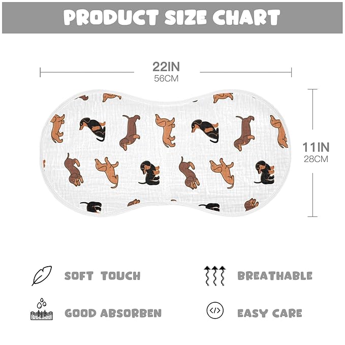 Muslin Baby Burp Cloths Set of 2, Soft Absorbent Cute Dogs Dachshunds Muslin Washcloths, Bibs, Face Towel for Newborn Boys Girls, 22 x 11 Inch