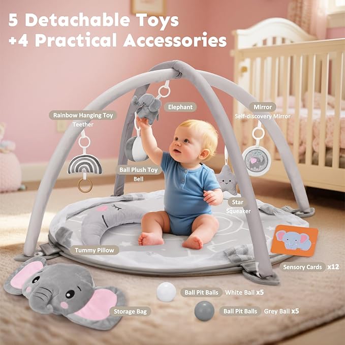 7-in-1 XL Large Baby Play Gym Mat, Tummy Time Mat, Baby Gym & Ball Pit, Baby Activity Mat with Milestone Cards & 6 Detachable Toys for Sensory Motor Skill, Elephant