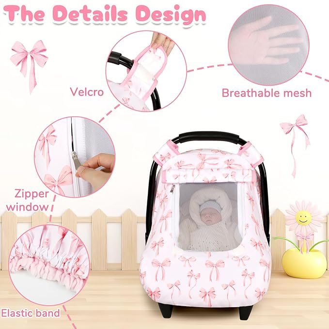 Baby Car Seat Cover, Windproof Carseat Cover for Infant Girls, Infant Warm Carseat Canopy with Double Layer Fabric for Winter, Compatible with Most Baby Car Seat, Bow