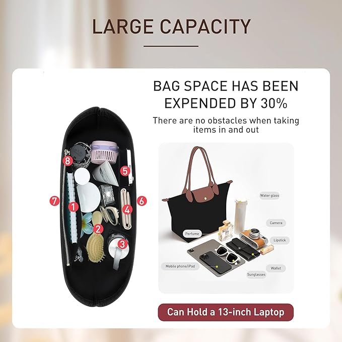Doxo Felt Purse Organizer Insert Compatible with Longchamp Lepliage Large and More, Felt Bag Liner Keeps Tote Handbags Shaped & Neat (Black,Large)