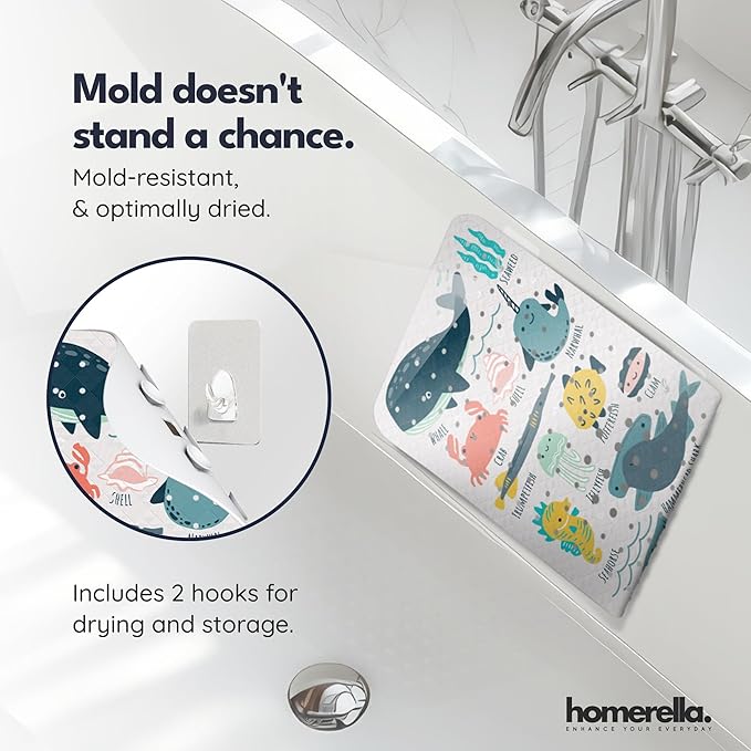 Bath Tub Mat Non Slip Anti Mold for Kids BPA Free INCL Hooks - homerella® Ocean Sea Animals 28x16, Baby Bath Mat Non Slip 200 Suction Cups, Non Toxic Machine Washable Toddler Bath Mat, EU Certified