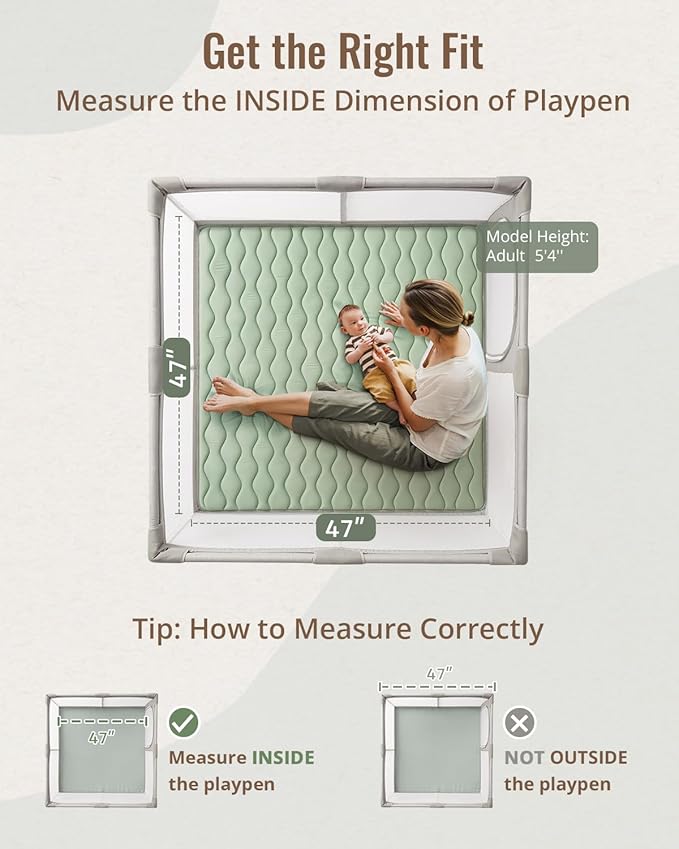 Blissful Diary Baby Play Mat, 47x47 Infant Play Mat for Playpen, Thicken Foam Cushioned Baby Mat for Floor, Non-Slip Kids Play Mat, Washable Baby Playmat for Babies,Toddlers, Sage Green