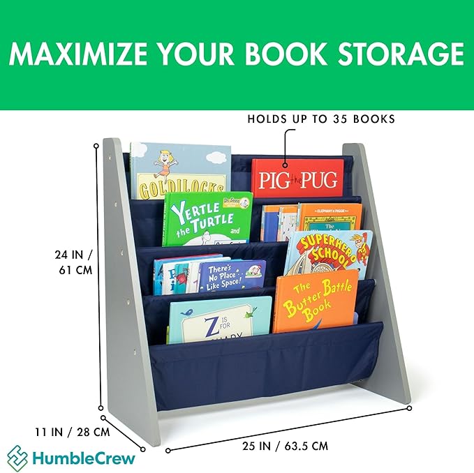 Humble Crew Kids Bookshelf, 4-Tier Front-Facing Book Display Organizer, Montessori Toddler Bookcase for Playroom, Bedroom & Reading Corner, Grey Wood/Navy