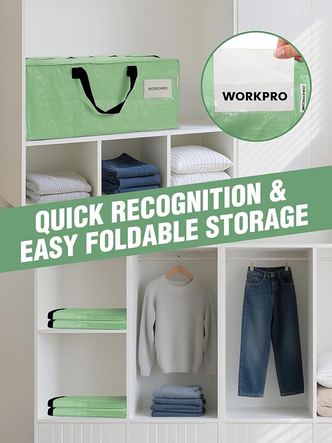WORKPRO 4 Pack Extra Large Moving Bags with Zippers & Carrying Handles Backpack Straps, Heavy-Duty Storage Tote for Space Saving & Storage, Alternative to Moving Box (Green)