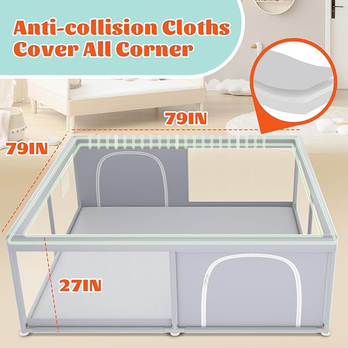 Baby Playpen, 79''x79'' Extra Large Playpen for Babies and Toddlers, Baby Fence Play Pen for Indoor & Outdoor, with Soft Breathable Mesh Grey