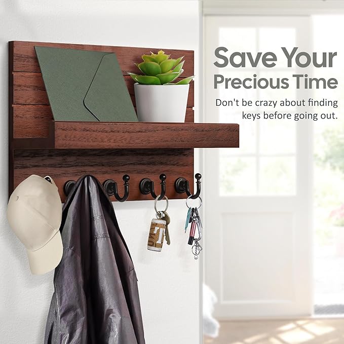 Mail and Key Holder for Wall: Easy Installation Modern Mail Holder Wall Mount Key Shelf for Hallway Living Room House Decoration (Brown)