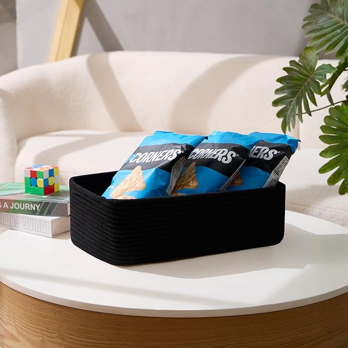 Large Shallow Organizing Baskets 15x11x5.1 Inches - Rope Woven Storage Bins for Bathroom, Shelves, Cube Closet, Black 4 Packs