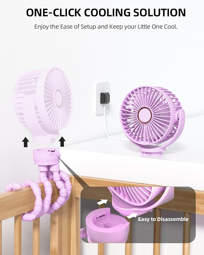 buywoo Portable Stroller Mini Fan, Small Rechargeable Personal Cooler w/ 360° Rotation, 3-Speed, Battery Powered Stroller Accessories, Baby Essentials for Car Seat, Crib, Bike, Treadmill, Plum