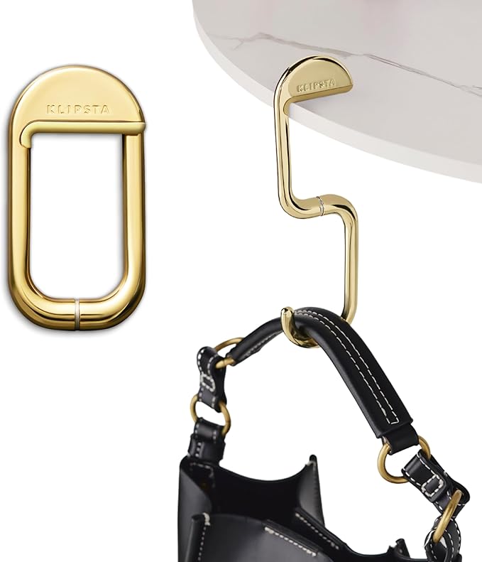 KLIPSTA FLIP Bag Hook - Newly Redesigned. Portable Purse Hanger for Table with Magnetic Closure - Now Holds up to 50 lbs. (Gold)