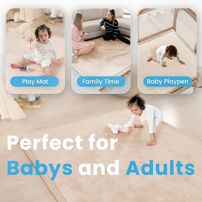 1.3" Thick Baby Floor Play Mat, 59x79 Padded Foam Tummy Time Crawling Mat, Non-Slip Water-Repellent Soft Plush Nursey Area Rug for Playroom Bedroom Living Room (Beige)