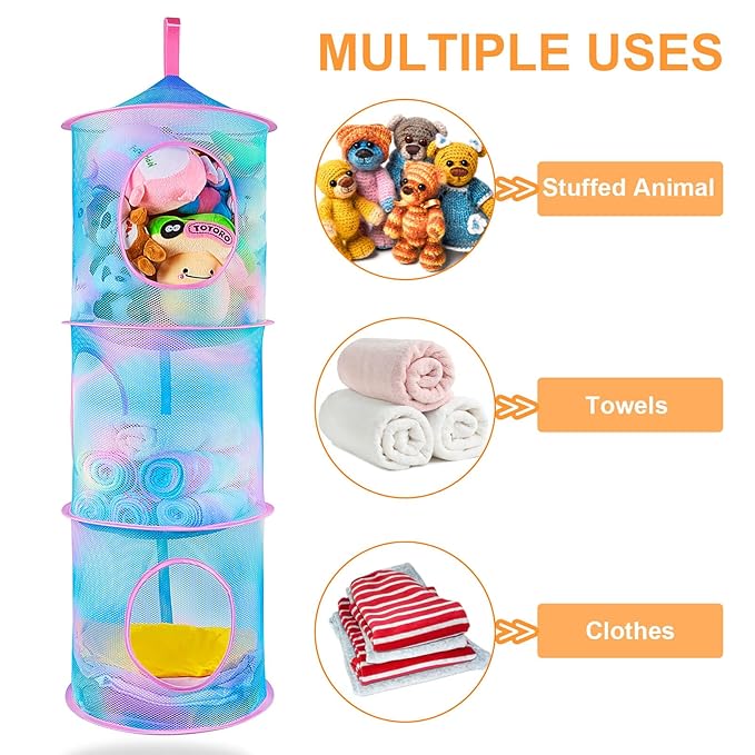 Basumee Stuffed Animals Net or Hammock 2 Pcs Stuffed Animals Storage Toy Net Hammock for Plushies Storage Organizer Mesh Kids Girls Room Decor, Blue Teal, 3 Tiers