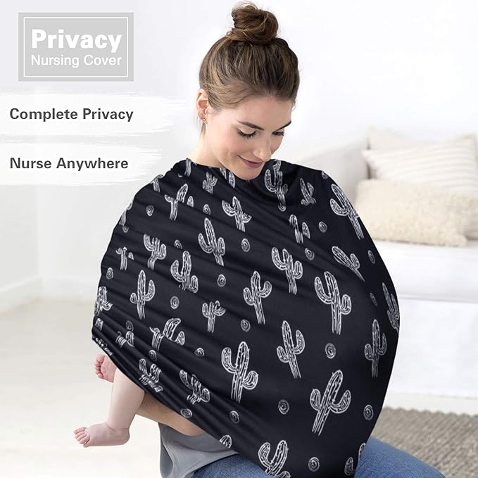 Metplus Baby Car Seat Cover, Infant Carseat Canopy, Nursing Breastfeeding Cover, Stretchy Carrier Covers for Stroller/Shopping Cart, Newborn Registry & Shower Gift for Boys Girls - Black Cactus