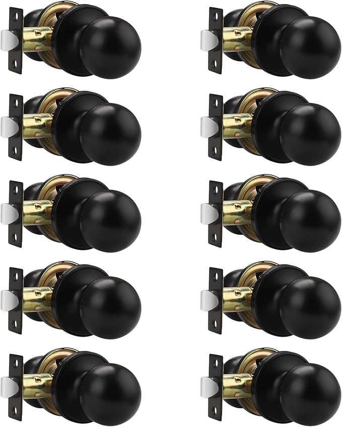 Knobonly 10 Pack Keyless Indoor Door Knob, Matte Black Passage Door Knobs, Interior Door Knobs, Stainless Steel