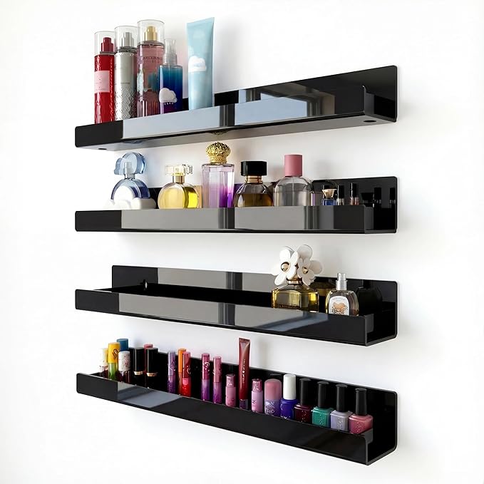 RORKIM 4 Pack 15 Inch Black Acrylic Shelves, Black Kids Floating Bookshelf for Kids Room, Modern Nail Polish Rack Sunglasses Essential Oil Picture Ledge Display Toy Storage Wall Shelf