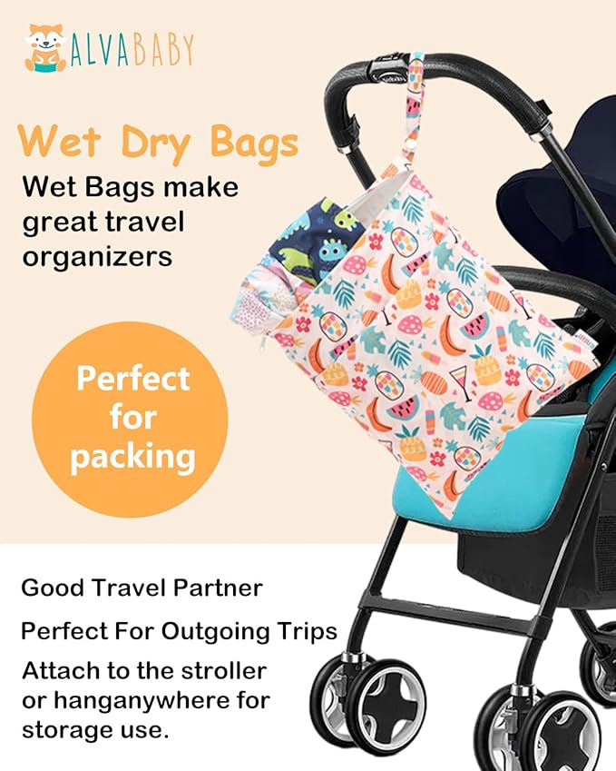 ALVABABY 2pcs Waterproof Wet Dry Bags,Reusable with Two Zippered Pockets,Baby Cloth Diaper,Travel,Beach,Pool,Daycare,Soiled Baby Items,Yoga Gym Bag,Swimsuits or Wet Clothes 2LW05