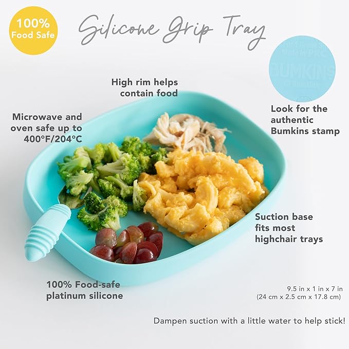 Bumkins Toddler and Baby Suction Plate, Silicone Grip Dish Large Tray for Big Kids, Fits Most Highchairs, Essential Children Feeding Supplies, Non Skid Sticky Bottom, Platinum Silicone, Gray