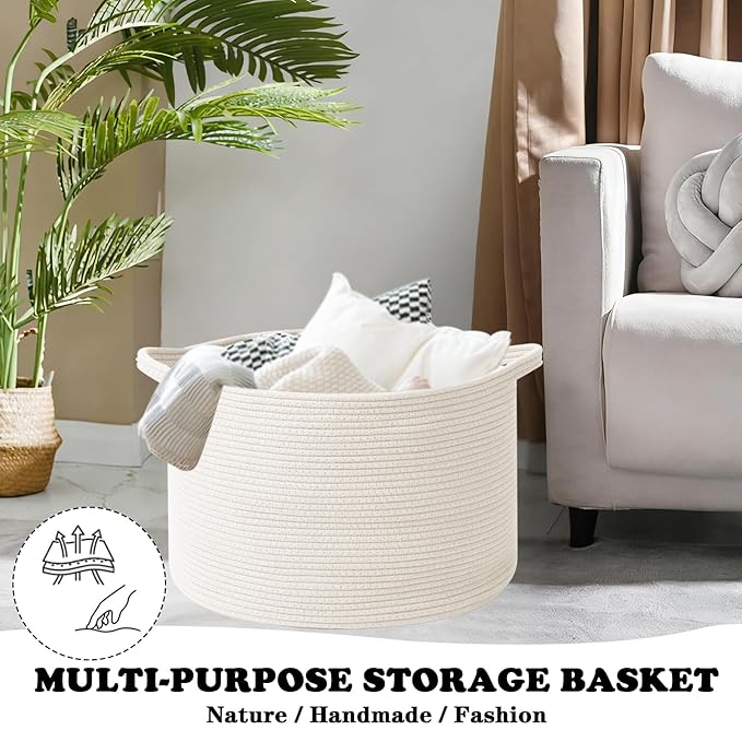 Large Storage Basket with Handle,19.7" L x 19.7" W x 13" H Blanket Basket Storage Bins for Organizing,65L Cotton Rope Woven Baskets for Living Room, Nursery,Bedroom,White