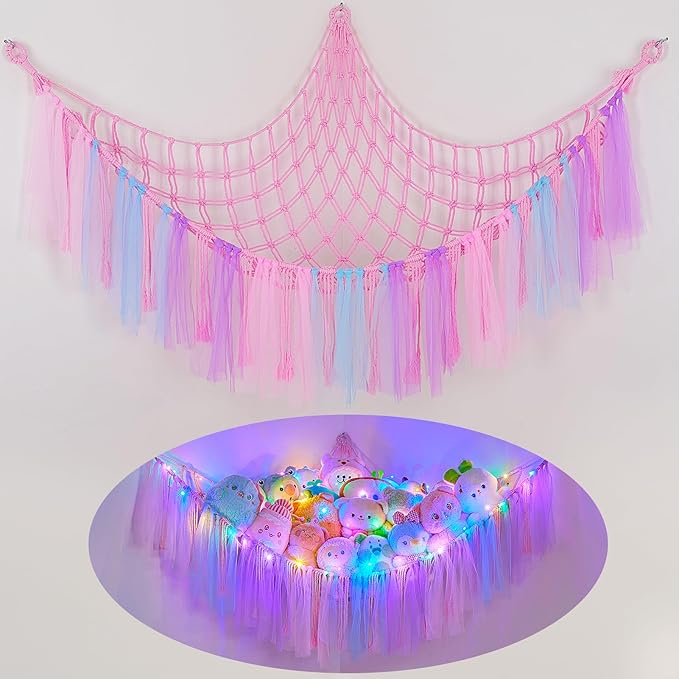 FIOBEE Stuffed Animals Net or Hammock with LED Light, Toy Hammock Hanging Stuffed Animals Storage Organizer Holder Room Décor for Nursery Kids Bedroom