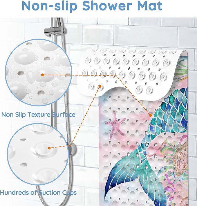 KINUUIS Bathtub Mats for Kids, Pink Mermaid Bath Mat for Tub Non Slip, 40 X 16 Inch Large Washable Bathtub Mat Non Slip for Showers with Drain Holes and Suction Cups