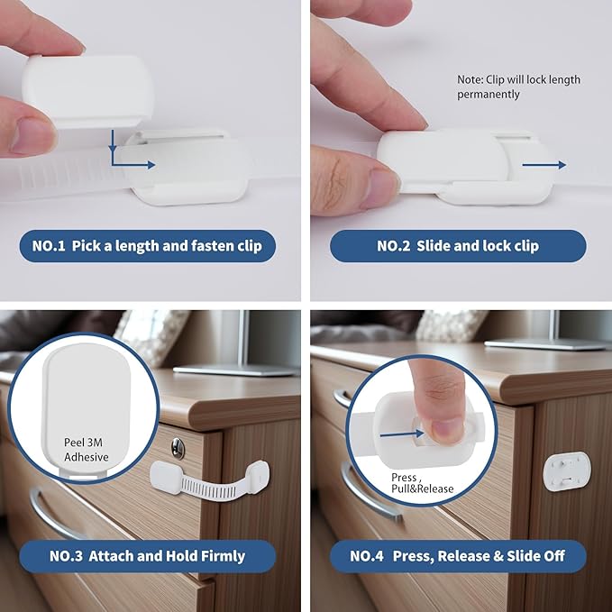 12 Pack Vkania Baby Proofing Cabinet Strap Locks - Child Safety Drawer Cupboard Oven Refrigerator Adhesive Locks - Adjustable Toilets Seat Fridge Latches - Kids Proof Kit - No Drilling
