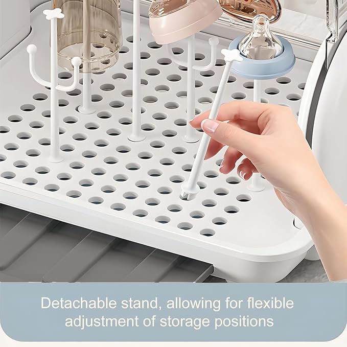 Nollapo Transparent Baby Bottle Drying Rack with Double Lid and Removable Drain Tray Dust-Proof Baby Bottle Storage Box, Space Saving Baby Bottle Rack Dryer (Blue - Large)