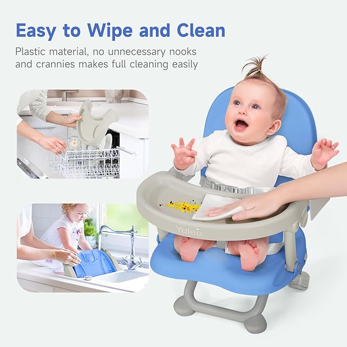 YOLEO Baby High Chair Booster Seat for Dining Table, Foldable High Chairs with Adjustable Heights, Travel Booster Seat with Removable Tray