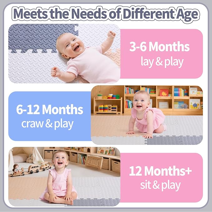 Coolcandy Baby Foam Play Mat 16Pcs with Edge Strips, 4 Colors Interlocking Floor Tiles, 0.4″ Thickened Non-Slip Puzzle Floor Mat for Infants Toddlers Playroom & Daycare