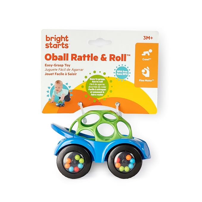 Bright Starts Oball Easy Grasp Rattle & Roll Toy Sports Car BPA-Free Infant Crawling Toy, Age 3 Months and up, Blue/Green (Pack of 6)