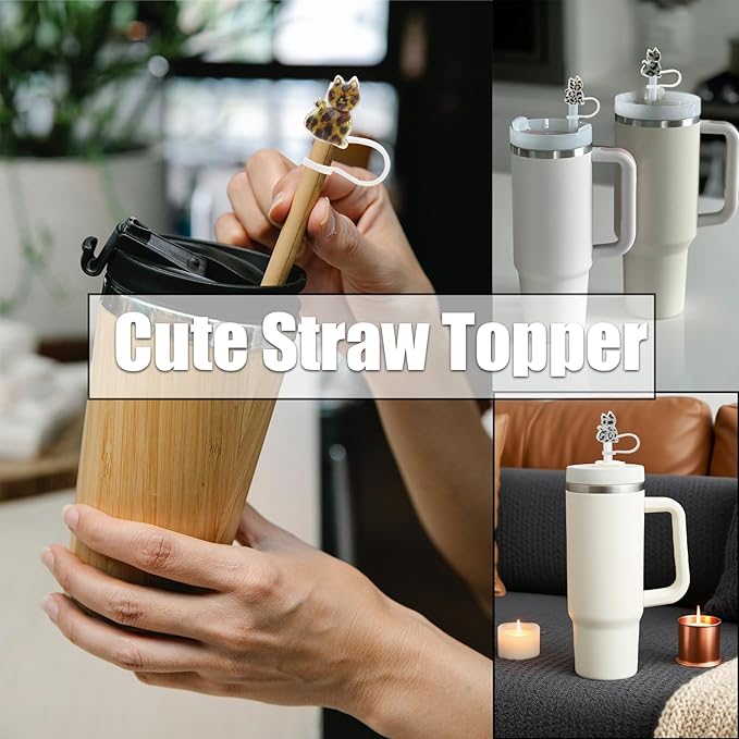 5Pcs Glitter Cat Straw Covers Cap for Stanley Cup, 0.4in/10mm Silicone Straw Toppers Compatible with Stanley 30&40 Oz Tumblers, Reusable Drinking Straw Tips Lids