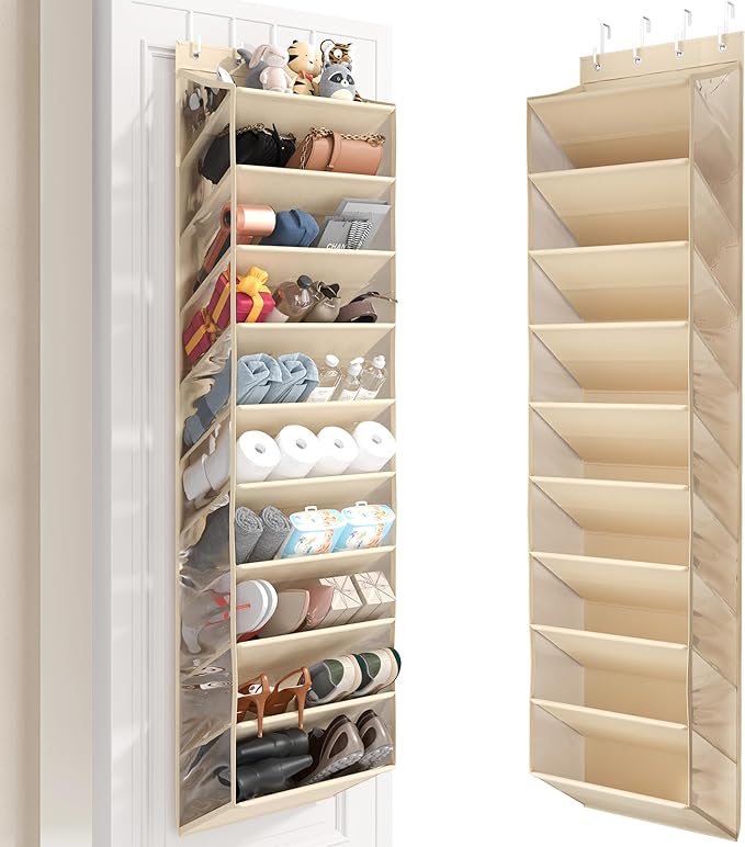 Mefirt 10 Tier Clear Over the Door Shoe Organizer with Deep Pockets, Door Shoes Rack with Hard Tube to Keep the Shape, Hanging Shoe Rack for Closet Organizers & Storage, Behind Door Shoe Holder Beige