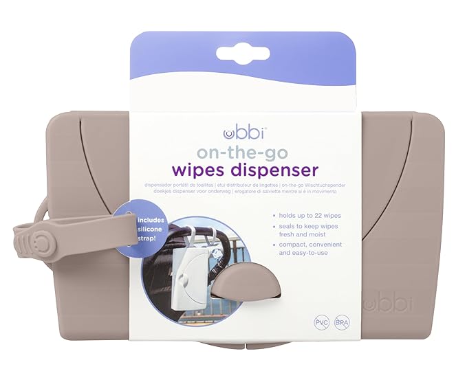 Ubbi On-The-Go Baby Wipes Dispenser, Portable Wipes Container for Travel, Diaper Bag Accessory Must Have for Newborns, Reusable Wipes Holder, Taupe (Pack of 2)