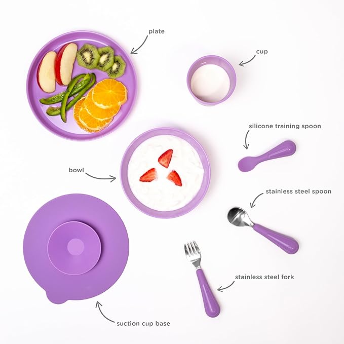 Ubbi Toddler Feeding Set, 7-Piece, Plate, Bowl, Cup + Baby & Toddler Stainless Steel Utensils, Interchangeable Suction Base, BPA-Free Dishwasher Safe, Self-Feeding for Baby-Led Weaning, Polaris Blue