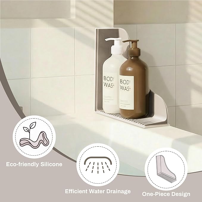 Roslim No-Adhesive 2-Pack All-Silicone Shower Splash Guard with Strong Suction Cups, Reusable Bath Tub Corner Water Blocker for Secure Seal，Keep Water in Shower or Bath, One-Piece Design, Taupe