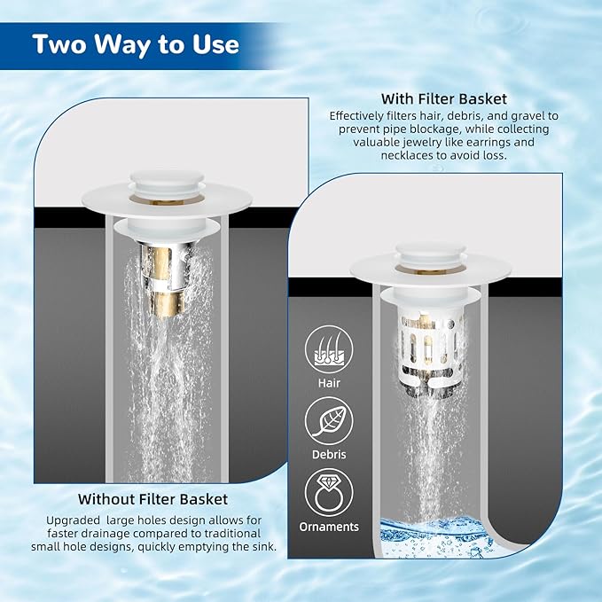 Hibbent 2 Pack 3 in 1 Bathroom Sink Drain Strainer, Universal Pop Up Stopper with Removable Stainless Steel Filter Basket Hair Catcher, Sink Plug for 1.1''~2.36'' Basin, Brass Bullet Core, White