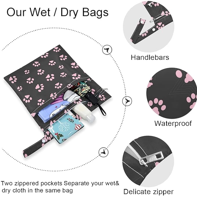 visesunny 2Pcs Wet Bag with Zippered Pockets Cat Footprint Washable Reusable Roomy Diaper Bag for Travel,Beach,Pool,Daycare,Stroller,Diapers,Dirty Gym Clothes, Wet Swimsuits, Toiletries