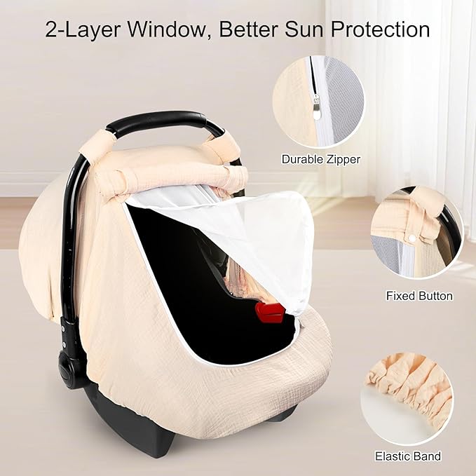Hooyax Muslin Car Seat Cover Baby - Breathable and Privacy Car Seat Canopy with 3 Modes - Easy Install & Gift Box Packaging, Universal Fit for Infant Car Seats, Apricot