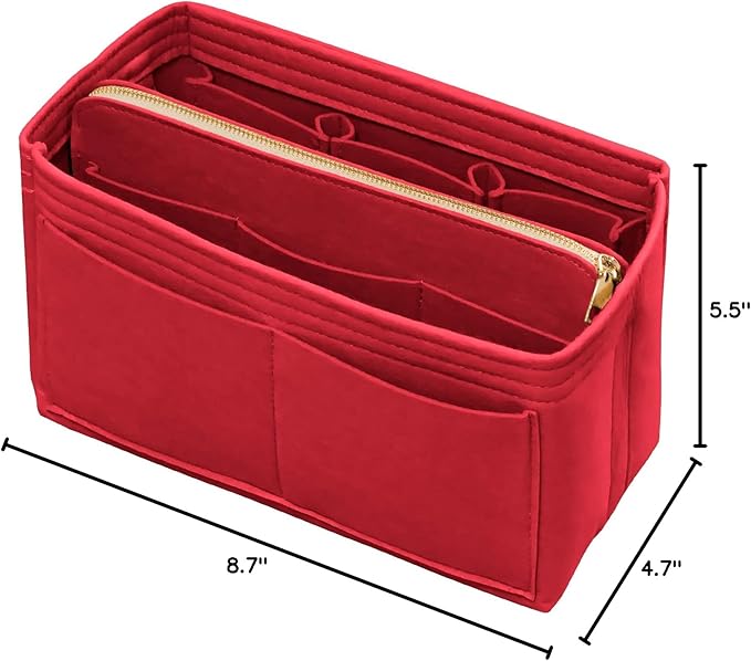 Purse Organizer Insert with Zipper Felt Bag Organizer Handbag Organizer Insert Bag in Bag Organizer with Key Chain for Tote Purse Bag Red Small