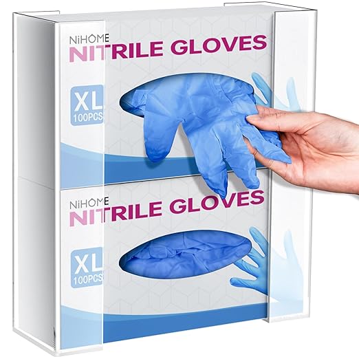 NiHome Multi-Tier Clear Acrylic Wall Mount Glove Box Holder Tissue Box Dispenser for Kitchen, Bathroom, Garage, Lab, Salon, Space-Saving Adjustable Organizer for Gloves, Tissues, Baby Wipes (2-Tier)