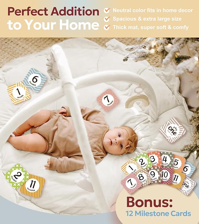 5-in-1 Thick & Plush Baby Play Gym, Baby Play Mats for Floor, Tummy Time Mat with 6 Toys, Convertible Stage-Based Developmental from Babies to Toddlers, Ball Pit, White
