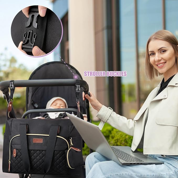 Tuwubi Diaper Bag Tote,Baby Diaper Bag with Pacifier Case Large Travel Diaper Tote Caddy for Mom and Dad Multifunction Large Baby Bag - M-Black