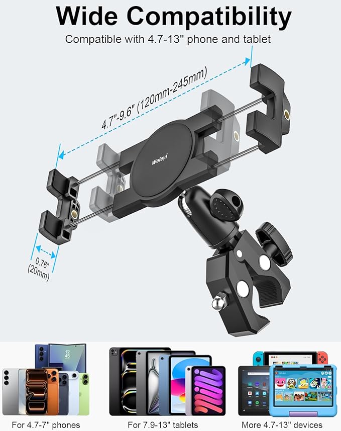 woleyi Aluminum Bike Tablet Mount Camera Clamp, Handlebar Tablet Holder for Motorcycle, Bicycle, Scooter, Stroller, Wheelchair for iPad Pro Air Mini, Galaxy TabS, Z Fold, Fire, iPhone, 4.7-13" Devices