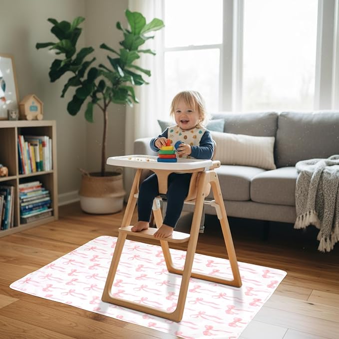 Drydiet Baby Splat Mat for Under High Chair/Arts/Crafts 51 x 51 Inch Pink Bow High Chair Mat Food Catcher Baby Eating Essentials Anti-Slip Waterproof and Washable Floor Protector and Table Cloth