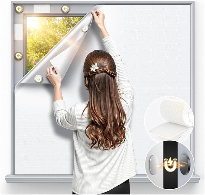 Magnetic Blackout Window Cover 40" x 58" Portable Blackout Curtains for Bedroom, Temporary Black Out Shades Window Privacy Film No Drill Black Out Blinds for Media Room Travel Skylight - White