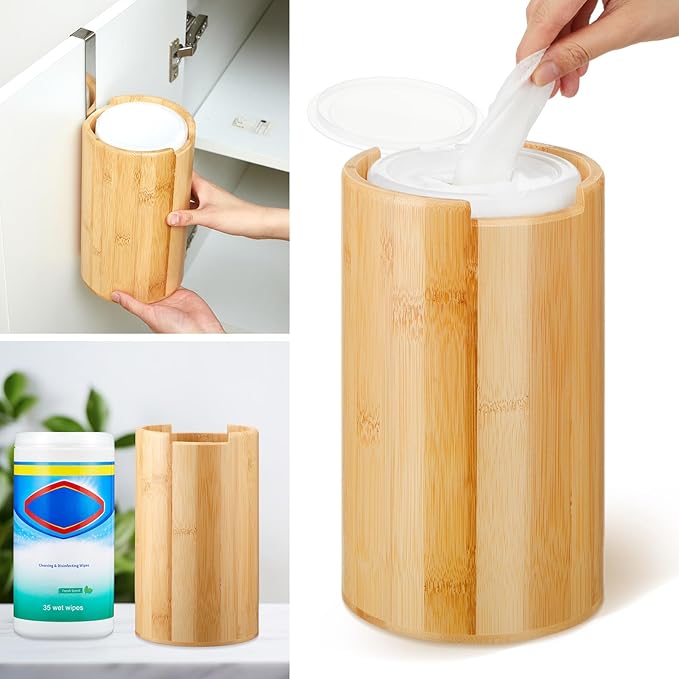 Bamboo Wipes Dispenser Container, Disinfectant Wall Mounted Disinfectant Wipes Holder Decorative Bamboo Kitchen Organizer for Bathroom Office Classroom Countertop Home