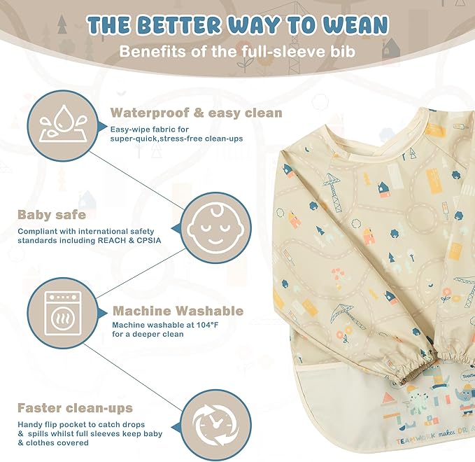 Little Dimsum Mess-Proof Baby Bibs|Infant Toddler Long Sleeve Waterproof Feeding Smock|Catching Food & Wipe Clean