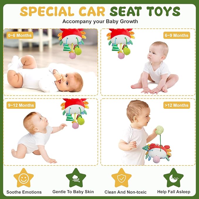 Crab Baby Toy - Clip-On Hanging Sensory Toy for Car Seat, Stroller, Gym with Squeaker, Crinkle, Rattle, Mirror & Teether | Soft Plush 18 Months Infant Developmental Toy for Tummy Time (Red)