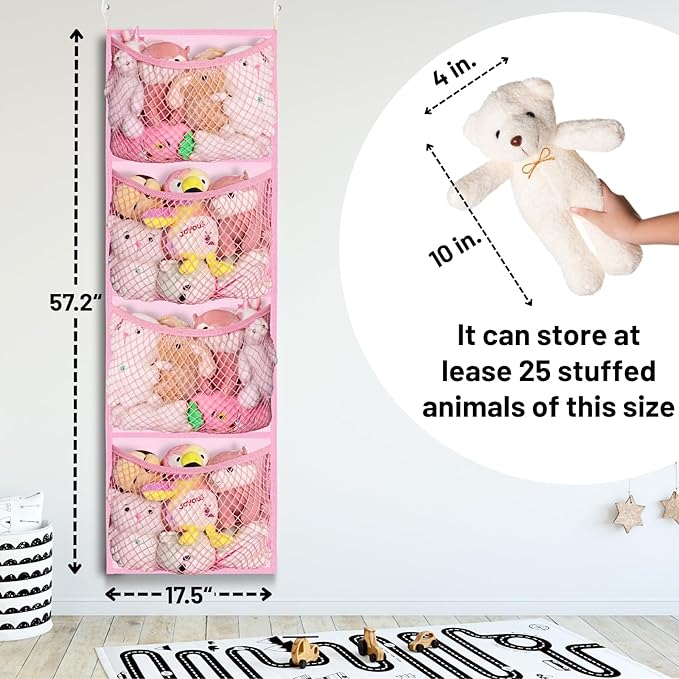 Over The Door Stuffed Animal Storage, Cotton Toy Organizer for Storage Plush Toys,Baby Supplies, Stuffed Animal Holder with 4 Large Pockets, Hanging Door Organizer for Nursery, Bedroom (Pink)