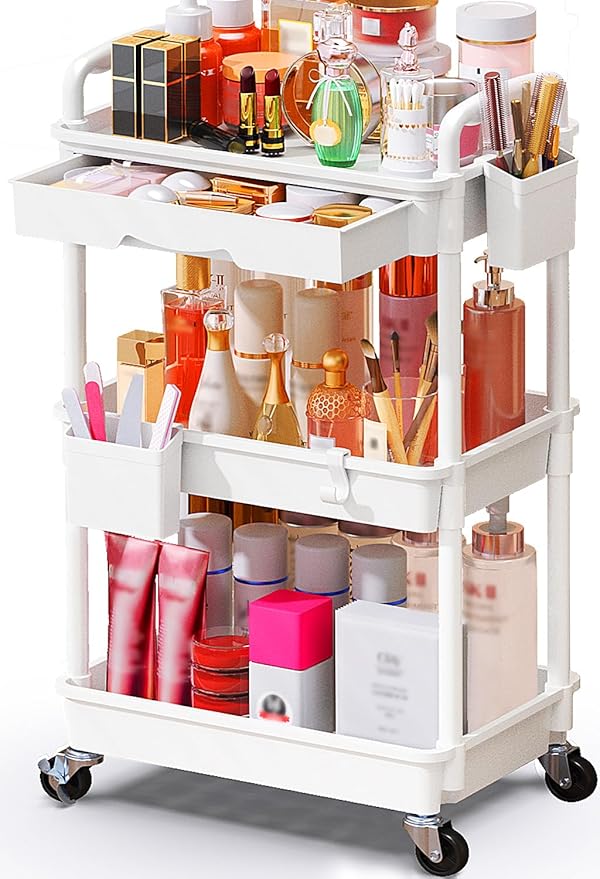 Makeup Cart Organizer with Drawers, Floor Skincare Organizers Vanity Storage Organizer, Rolling Makeup Bathroom Storage Cart Cosmetics Display Cases for Skin Care Perfume Nail Polish, White