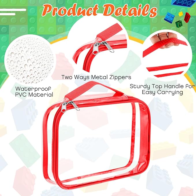 Sanwuta 3 Packs Toy Storage Bags with Zipper, Clear PVC Organizing Waterproof Toy Bags for Board Games, Building Blocks, and Kids Books(12.6 x 9 x 2.36 Inch,Red, Yellow, Green)