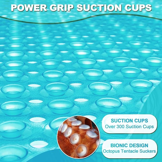 Bathtub and Shower Mats, 40x16 Inch Extra Large Non Slip Soft Bath Tub Mat with Suction Cups and Drain Holes for Bathroom Floor and Keep Tubs Clean, Machine Washable, Clear Turquoise